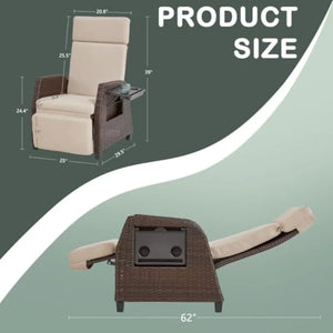 180° Outdoor Patio Recliner Chair – Adjustable PE Rattan Lounge Chair with Footrest & Flip-Up Side Table