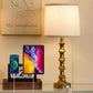 24-Inch Gold Table Lamps Set of 2, Bamboo-Style Metal Bases with Linen Shades and USB-A Ports, Bedside Nightstand Lighting