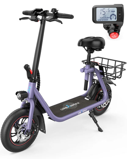 450W Electric Scooter with Seat for Adults, 15-Mile Range, 16 MPH, 12" Tires, Rear Basket, Adjustable Seat, UL2272 Certified
