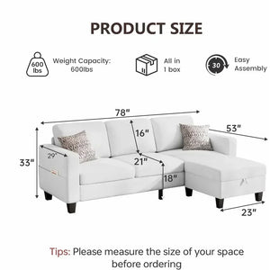 78-Inch L-Shaped Sectional Sofa – 3-Seat White Velvet Couch with Movable Ottoman for Living Room & Small Spaces