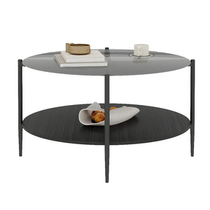 32.28" Modern Round Coffee Table with Black Tempered Glass Top & Solid Walnut Wood Storage Shelf