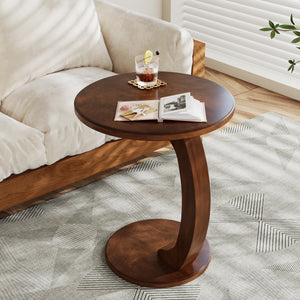 Round C-Shaped Side Table with Wood Top, Mid-Century Modern Sofa End Table for Living Room & Bedroom