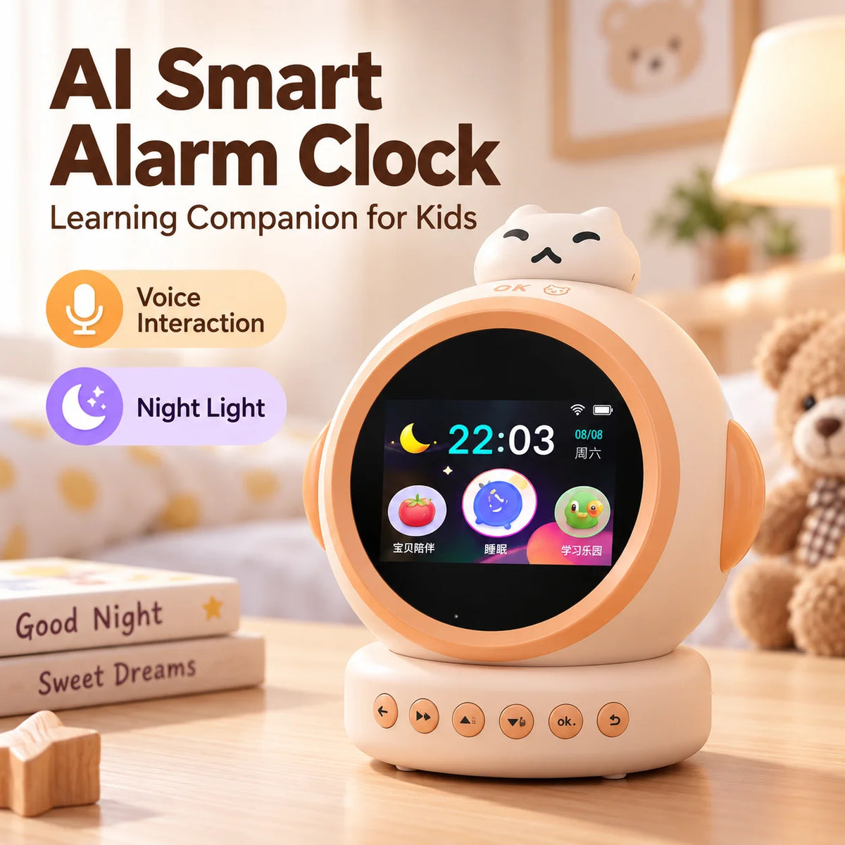 Kids Cat Alarm Clock with OK to Wake Sleep Training, Night Light & Sound Machine for Toddlers, Boys & Girls