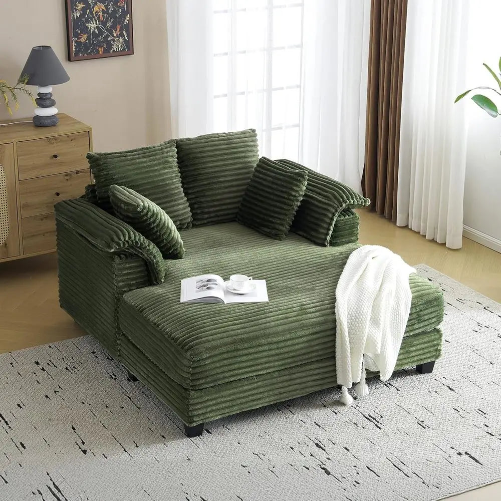 56-Inch Oversized Corduroy Chaise Lounge Chair – Deep Seat Reading Sofa Bed with Throw Pillows for Living Room