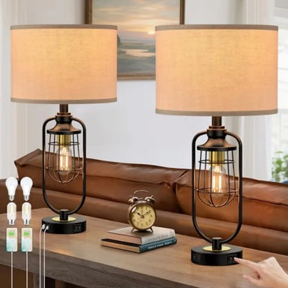 Farmhouse Table Lamps Set of 2 with USB Ports, Industrial Bedside Lamps for Bedroom Nightstands and Living Room End Tables