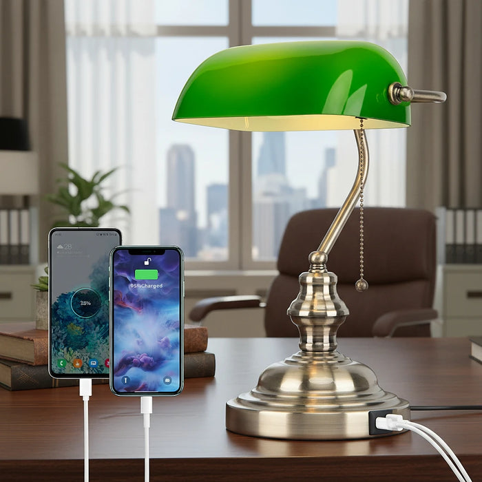 Green Glass Bankers Desk Lamp with 2 USB Ports, Pull Chain Switch and Brass Base