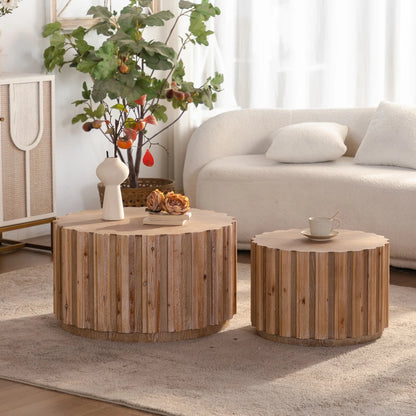 Walnut Round Nesting Coffee Table Set of 2, 19.7" & 27.5" Rustic Farmhouse Wood Tables