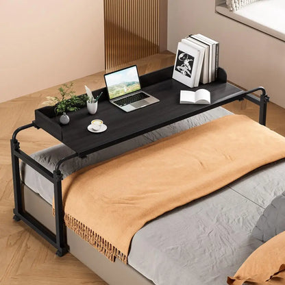 47-Inch Height Adjustable Overbed Table with Wheels, Carbon Steel Rolling Laptop Desk with Raised Baffle for Bed & Home Use