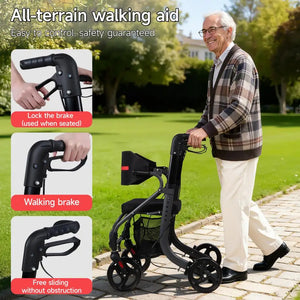 All-Terrain Rollator Walker with Seat for Seniors & Adults, Large Rubber Wheels, Lightweight Foldable Frame, Adjustable Height