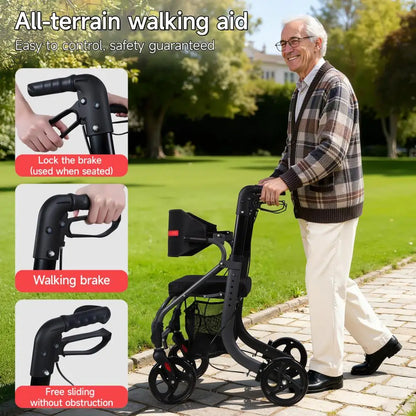 All-Terrain Rollator Walker with Seat for Seniors & Adults, Large Rubber Wheels, Lightweight Foldable Frame, Adjustable Height