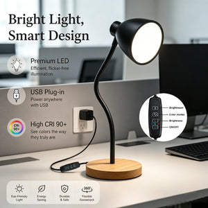 LED Desk Lamp, CRI 90+, Dimmable 3000–6000K, Flexible Gooseneck, Black Metal Shade, Wooden Base, USB Powered