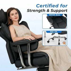 Ergonomic Reclining Office Chair with Footrest – 350 lb PU Leather Computer Chair with Adjustable Height, Wide Seat & Side Pocket