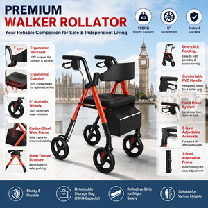 Heavy-Duty Rollator Walker for Seniors with Seat & Backrest – 330 lb Capacity, 8" Wheels