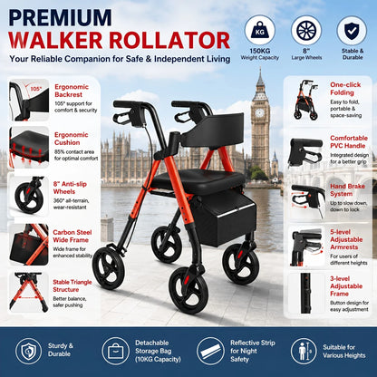 Heavy-Duty Rollator Walker for Seniors with Seat & Backrest – 330 lb Capacity, 8" Wheels