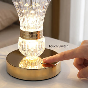 Rechargeable Crystal Vase LED Table Lamp with Touch Control, 3 Light Colors and Dimming for Bedside Décor
