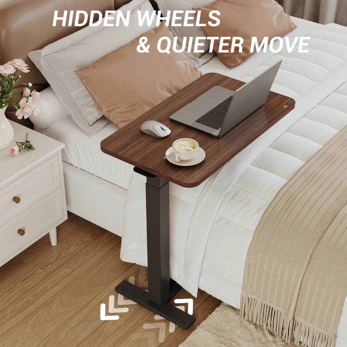 Height Adjustable Overbed Table with Hidden Wheels & Cup Holder, Mobile Sit-Stand Rolling Laptop Desk for Bed & Sofa