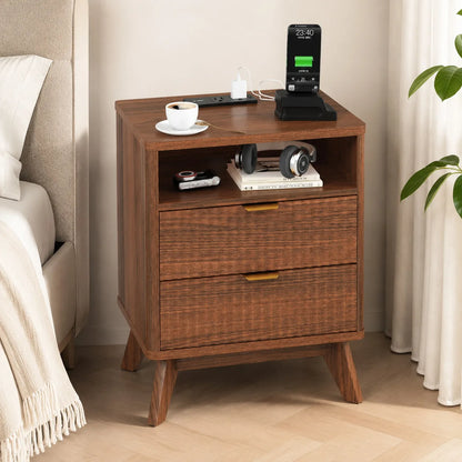 Walnut Fluted Wood Nightstand with Charging Station, Drawer & Open Shelf, Bedside Table with USB Ports & AC Outlets for Bedroom