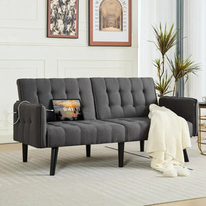 65-Inch Futon Sofa Bed – Convertible Tufted Loveseat with Adjustable Backrest & Dual USB Charging for Small Spaces, Dark Grey
