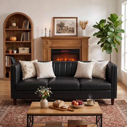 81-Inch Cognac Tan Faux Leather Sofa – Mid-Century Modern 3-Seater Deep Seat Couch with Wood Frame for Living Room & Apartment