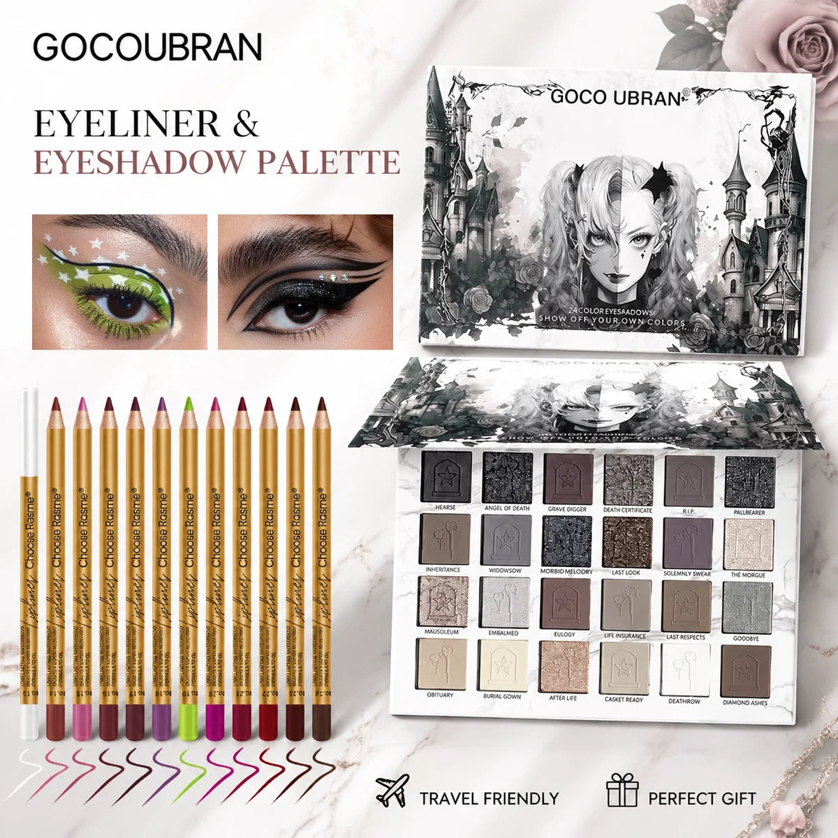 24-Color Gothic Eyeshadow Palette with 12 Eyeliner Pencils, Matte and Shimmer Cool-Tone Smoky Eye Makeup Set