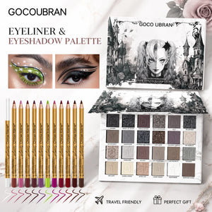 24-Color Gothic Eyeshadow Palette with 12 Eyeliner Pencils, Matte and Shimmer Cool-Tone Smoky Eye Makeup Set