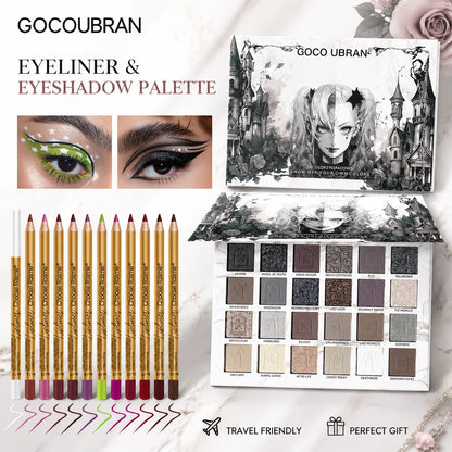 24-Color Gothic Eyeshadow Palette with 12 Eyeliner Pencils, Matte and Shimmer Cool-Tone Smoky Eye Makeup Set