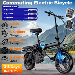 560W Peak Folding Electric Bike for Adults – 48V 10.4Ah Removable Battery, 14" Wheels, Up to 24 MPH