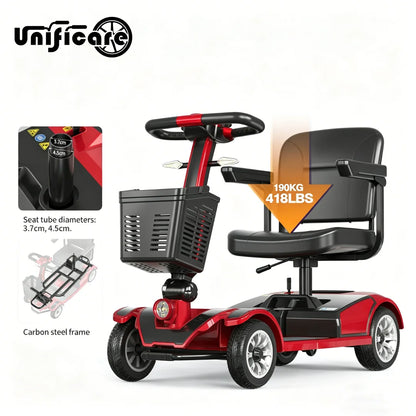 Foldable 4-Wheel Mobility Scooter for Seniors – 20Ah Large Capacity Battery, Adjustable Seat, Electric Travel Scooter, Red