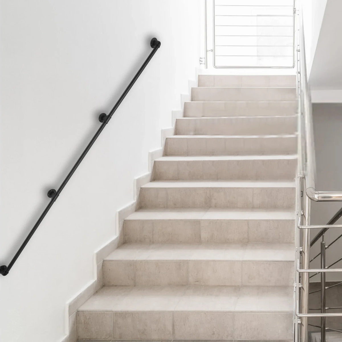 12FT Wall-Mounted Stair Handrail – Galvanized Iron Pipe Safety Railing, Rust Resistant
