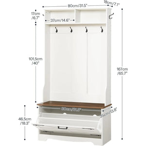 Hall Tree with Bench, Coat Rack & Shoe Cabinet, Entryway Storage Bench with Flip Drawers, Shoe Organizer, White & Walnut