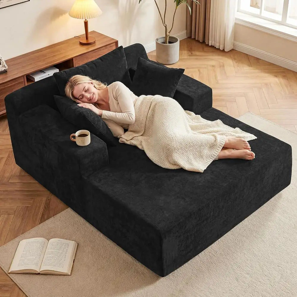 Oversized 66-Inch Chenille Chaise Lounge Chair, Cloud-Style Reading Chair with 3 Pillows for Living Room & Bedroom