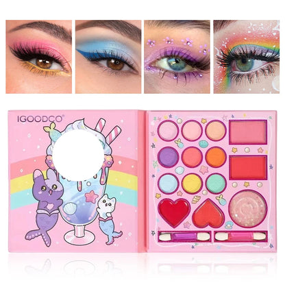 14-Color All-in-One Makeup Palette with Rainbow Matte & Shimmer Eyeshadow, Blush & Lip Gloss, Cute Cartoon Design