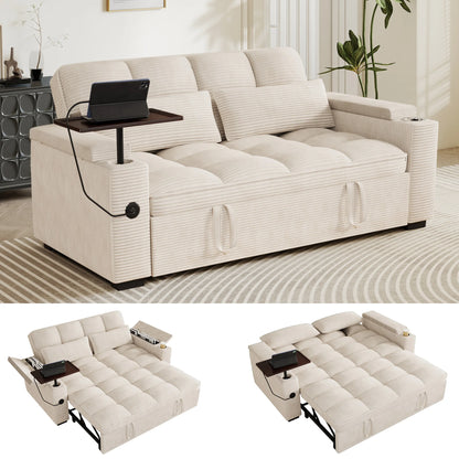 65-Inch 3-in-1 Convertible Sofa Bed – Pull-Out Sleeper Couch with 360° Swivel Side Table & USB Charging, Black