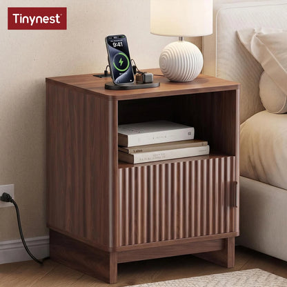 Fluted Wood Nightstand with Charging Station, Storage Drawers & Open Shelf, Bedside Table with 2 AC Outlets, USB-A & USB-C Ports