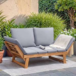 Acacia Wood Outdoor Convertible Sofa – Patio Couch with Adjustable Armrests, Removable Cushions & Pillows