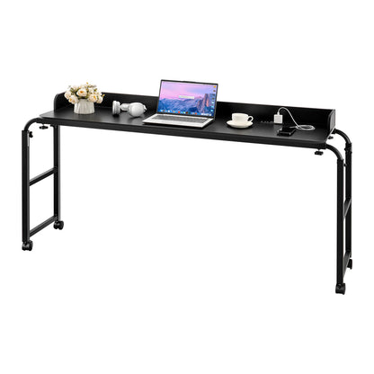 Height Adjustable Overbed Table with Power Socket & 4 Wheels, Mobile Rolling Bedside Laptop Desk for Home & Office