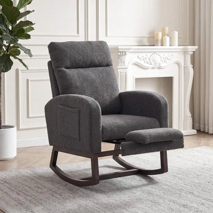 Nursery Glider Rocking Chair with Adjustable Footrest – High Back Upholstered Lounge Chair with Side Pockets, Beige