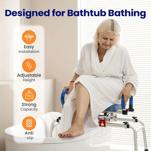 Sliding Shower Chair with Swivel Seat – Height Adjustable Tub Transfer Bench with Armrests, Padded Seat & Safety Belt