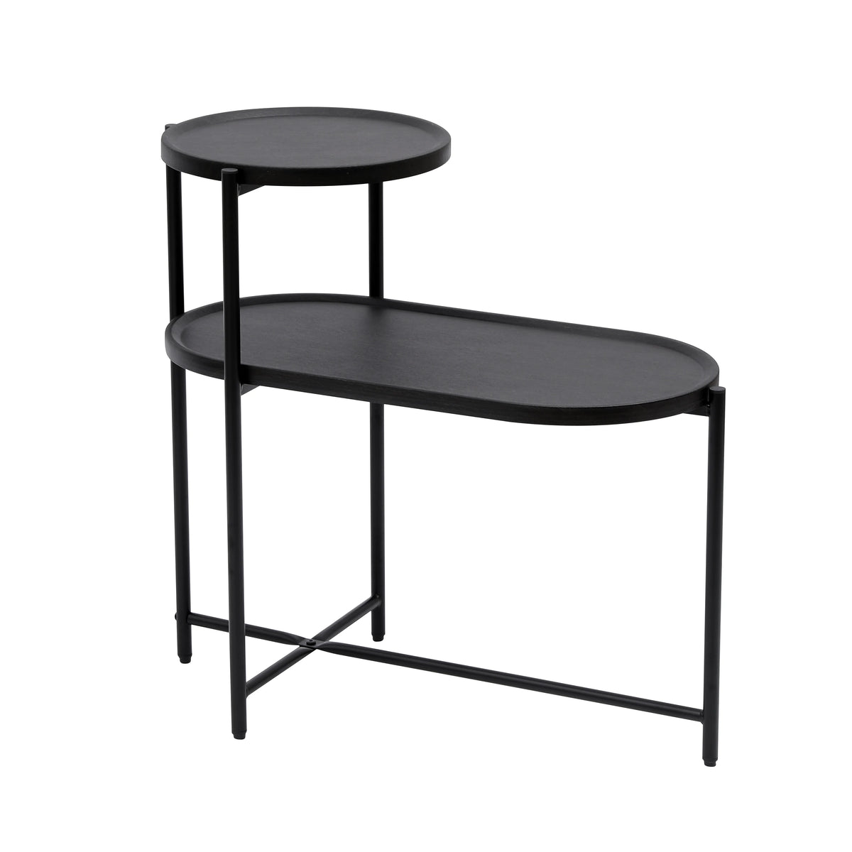 2-Tier Round Side Table with Storage Shelf, Wood Tray Top & Metal Frame, Black
