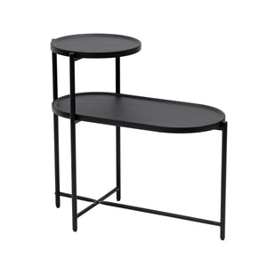 2-Tier Round Side Table with Storage Shelf, Wood Tray Top & Metal Frame, Black