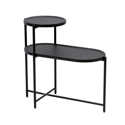 2-Tier Round Side Table with Storage Shelf, Wood Tray Top & Metal Frame, Black