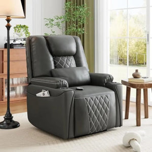 Power Lift Recliner Chair, PU Leather Electric Stand Assist Sofa with Charging Ports, Cup Holders & Power Reclining