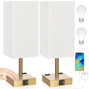 Bedside Table Lamps Set of 2, 3-Way Dimmable Nightstand Lamps with USB-A and USB-C Charging Ports, 2 AC Outlets and 3000K LED Bulbs