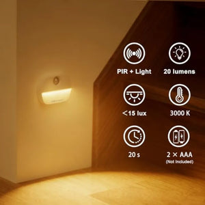 Motion Sensor LED Night Light, Battery Operated, Stick-On, Dusk-to-Dawn Sensor, 3000K Warm White, 20 Lumens, 0.5W