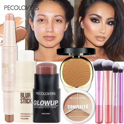 9-Piece Face Makeup Set with Blush and Contour Sticks, Bronzer, Concealer Palette and Makeup Brushes