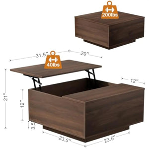 31.5" Walnut Lift-Top Coffee Table with Hidden Storage & Adjustable Height, 15"–20.5"