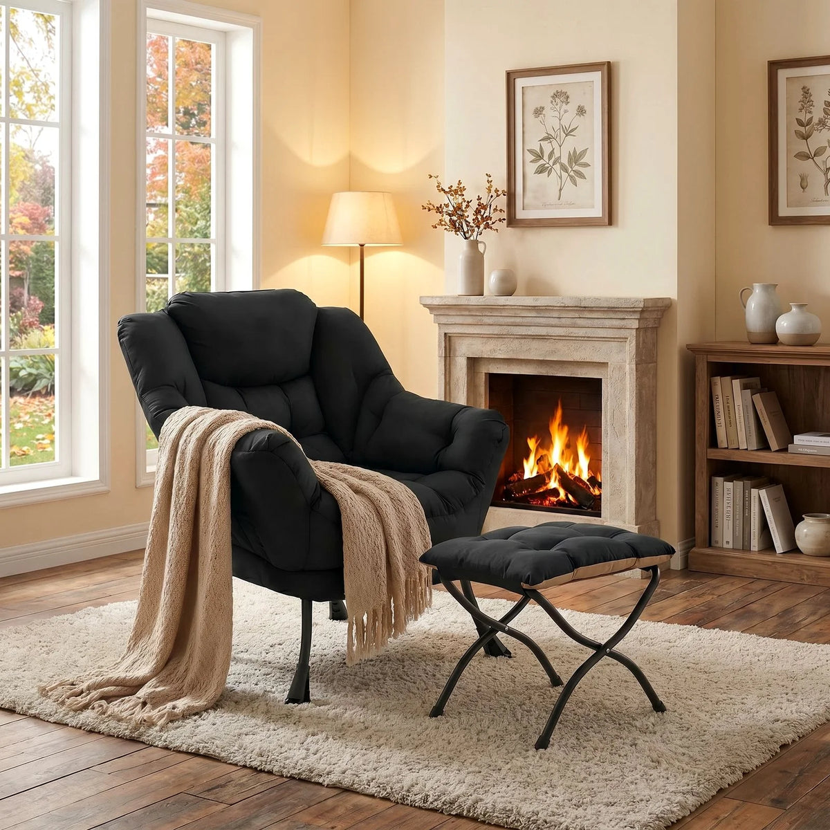 Modern Lounge Chair with Foldable Ottoman – Oversized Cushioned Reading Armchair with Footrest & Side Pocket