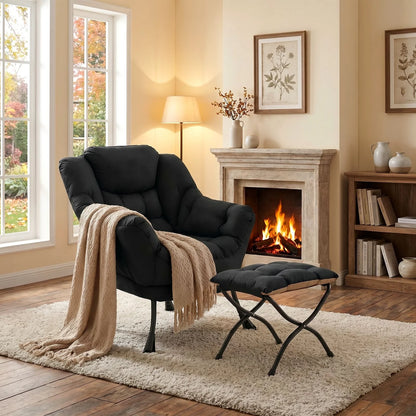 Modern Lounge Chair with Foldable Ottoman – Oversized Cushioned Reading Armchair with Footrest & Side Pocket