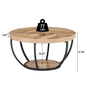 31.7" Round 2-Tier Coffee Table with Storage Shelf, Industrial Wood Center Table for Living Room