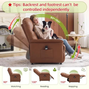 Leather Power Recliner Chair with 21-Inch Seat, Electric Reclining Chair with Thick Cushions & Side Pocket for Living Room